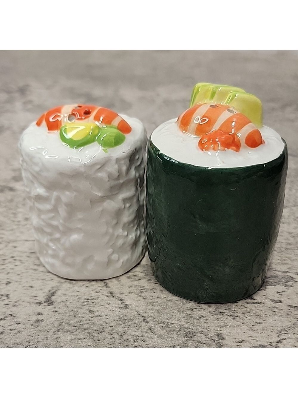 CERAMIC TALL SUSHI ROLLS SALT AND PEPPER SHAKERS SHRIMP AVOCADO RICE WASABI